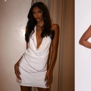 Meshki White Plunge Mini Dress - Emilia Diamanté Rope Halter Dress